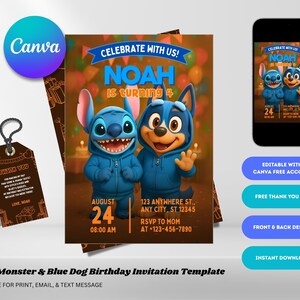 Convite de aniversário editável com tema de monstro azul e cachorro azul - Convite fofo para festa infantil para meninos, Cartão de aniversário com tema de monstro para impressão, Canva