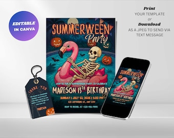 Bewerkbare Summerween-verjaardagsuitnodiging: Ghost Pool Party-sjabloon (digitale download)
