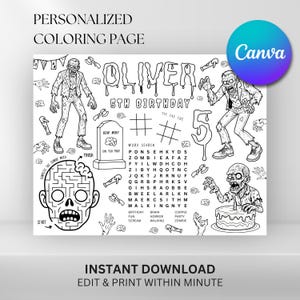 Tovaglietta da colorare a tema compleanno zombie: attività per la festa di Halloween (modello Canva stampabile)