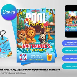 Animals Pool Party Birthday Invitation: Editable Summer Invite (Digital Download)