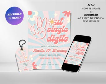 Peace Out Single Digits Birthday Invitation : Editable Retro Kids Party invite (Digital Download)