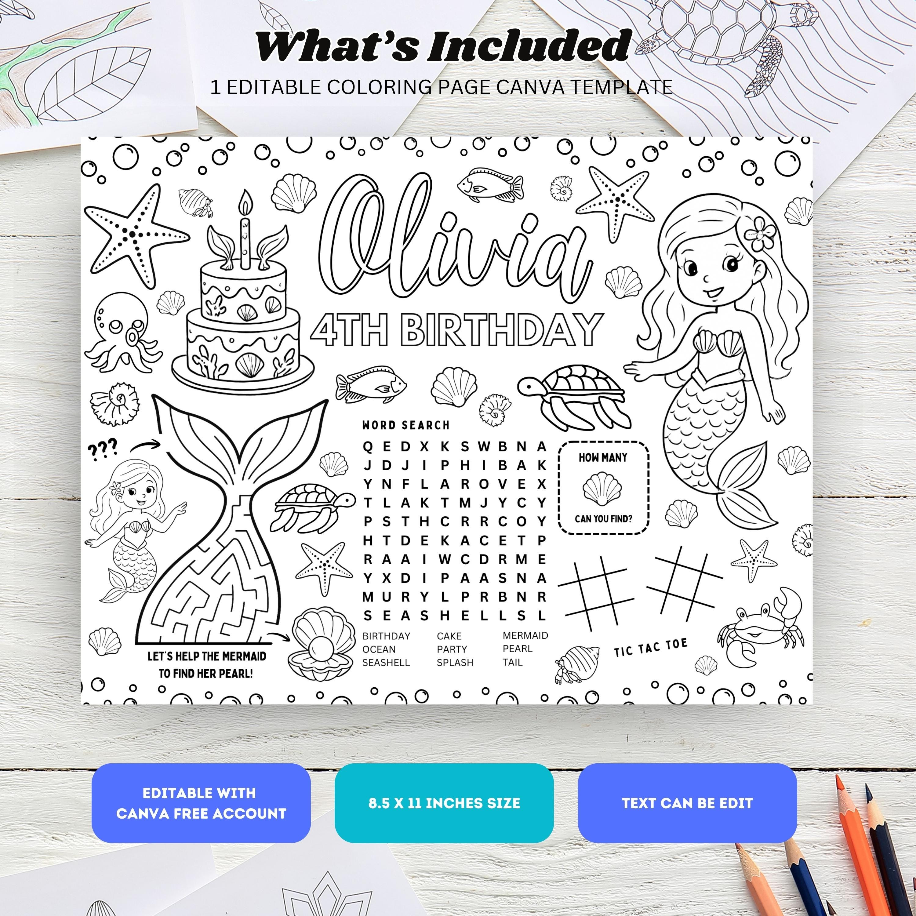 Editable Mermaid Birthday Coloring Placemat : Under the Sea Party ...