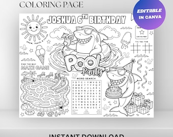 Shark Pool Birthday Coloring Placemat : Editable Summer Party Activity Sheet (Digital Download)