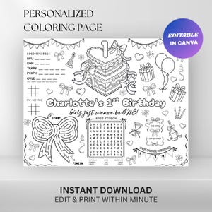 Girls Just Want to Be One Birthday Placemat : Bow First Coloring Sheet (Digital Download)