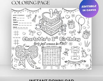 Girls Just Want to Be One Birthday Placemat : Bow First Coloring Sheet (Digital Download)
