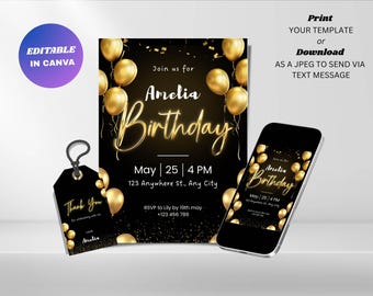 Black and Gold Birthday Invitation : Editable Elegant Birthday Party (Digital Download)