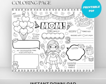 Printable Mother Birthday Coloring Page : All About Mom Fill In Template (Digital Download)
