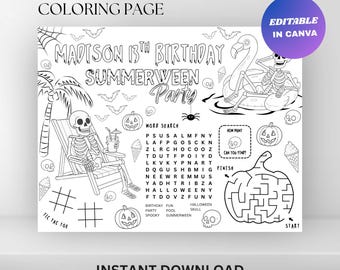 Editable Summerween Birthday Coloring Placemat : Spooky Halloween Activity Sheet (Digital Download)