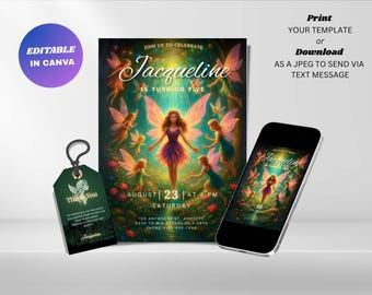 Bewerkbare sprookjesverjaardagsuitnodiging: magische bosfeestuitnodiging (digitale download)