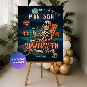 Cartello di benvenuto modificabile per il compleanno di Summerween: invito alla festa dello scheletro (download digitale)