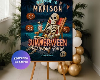 Cartel de bienvenida editable para cumpleaños de Summerween: Invitación a fiesta de esqueletos (descarga digital)