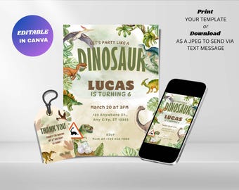Green Dinosaur Birthday Invitation : Editable Watercolor Dino Party Invite (Digital Download)