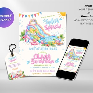 Edytowalne zaproszenie na urodziny z wodną zjeżdżalnią: Splash Pad Summer Pool Party Invite (do pobrania cyfrowego)