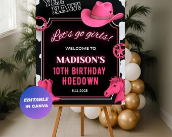 Editable Cowgirl Birthday Welcome Sign : Pink Rodeo Party Poster (Digital Download)