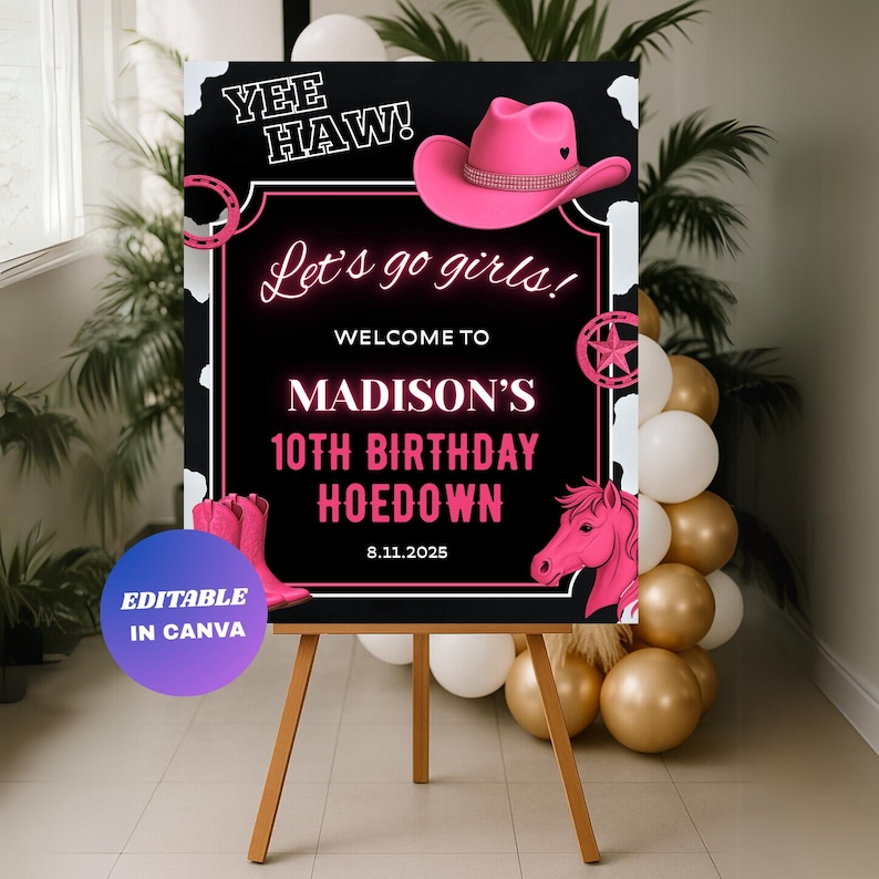 Editable Cowgirl Birthday Welcome Sign : Pink Rodeo Party Poster ...