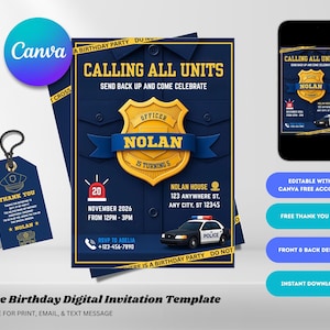 Editable Police Birthday Invitation, Kids Police Party Digital Invite, Canva Invitation, Police Birthday Template, Police Officer Birthday