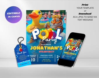 Invitación editable para fiesta en la piscina de tigres: Invitación para fiesta de cumpleaños de verano con temática de natación (Descarga digital)