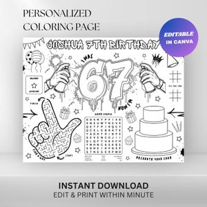 May include: Black and white personalized coloring page for a 7th birthday. Features a maze, word search, cake, and the text "Joshua 7th Birthday". Includes the text "Editable in Canva" and "Instant Download Edit & Print Within Minute".