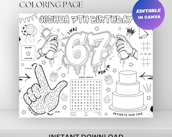Six Seven Birthday Coloring Placemat : Personalized 67 Meme Party Activity Sheet (Digital Download)