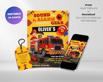 Fire Truck Birthday Invitation Template : Editable Firefighter Party Invite (Digital Download)