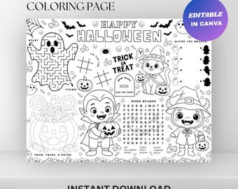 Bewerkbare Halloween-kleurplaatplacemat: afdrukbare Trick or Treat-feestactiviteitenpagina (digitale download)