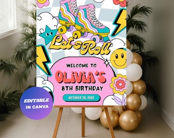 Retro Rollschuh Geburtstag Willkommensschild: Bearbeitbares Groovy Party Poster (Digitaler Download)