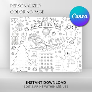 Editable Christmas Party Coloring Placemat : Santa Clause Holiday Activity Sheet (Digital Download)