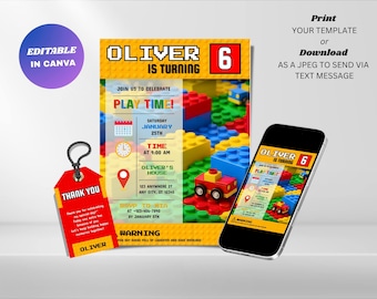 Editable Building Blocks Birthday Invitation : Bricks Theme Kids Party Invite (Digital Download)