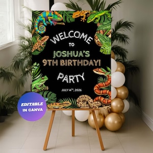Könnte beinhalten: Schwarzes Geburtstags-Partyschild auf einer Holzstaffelei mit dem Text "Welcome to Joshua's 9th Birthday! Party" und Illustrationen von Reptilien und Dschungelblättern. Das Schild enthält das Datum 14. Juli 2026 und die Worte "Editable in Canva".