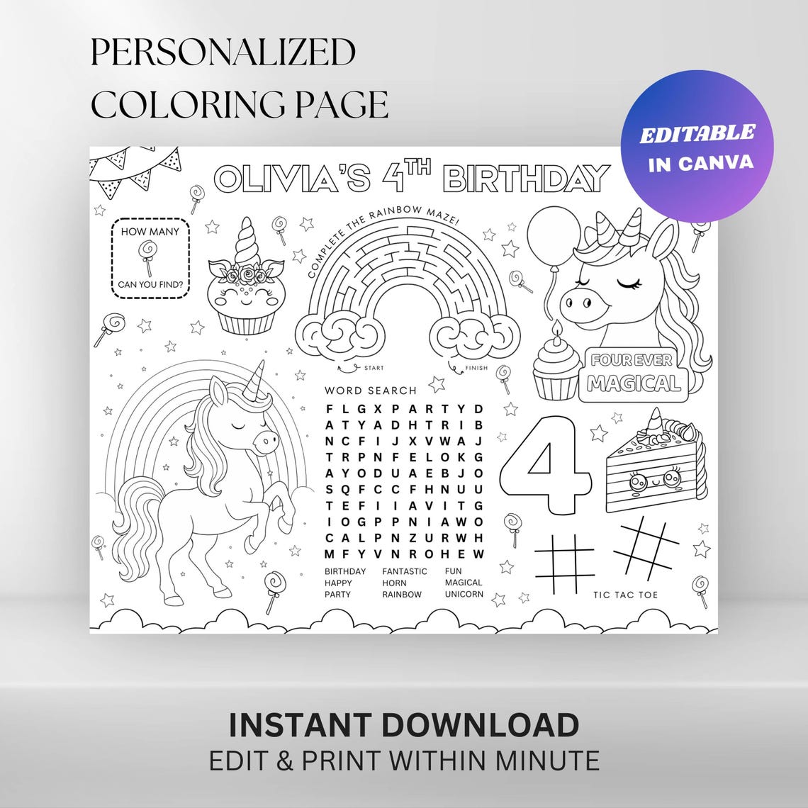 Editable Unicorn Birthday Coloring Placemat : Four Ever Magical Kids ...