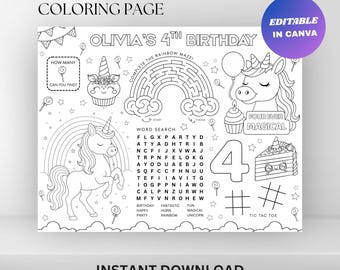 Editable Unicorn Birthday Coloring Placemat : Four Ever Magical Kids Party Activity (Digital Download)