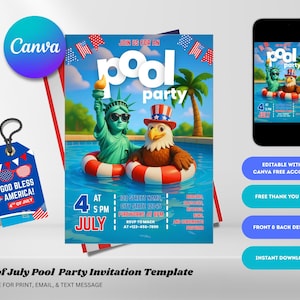 4th of July Pool Party Invitation, Independence Day Pool Party Patriotic Invite, Editable Template Instant Download, USA Independence Day