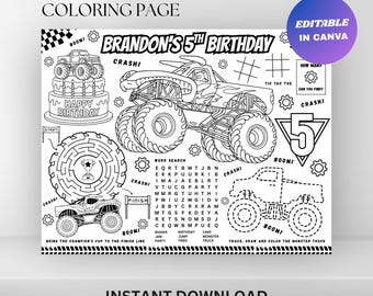 Página para colorear de cumpleaños de Monster Truck: Actividad editable para fiestas infantiles (Descarga digital)
