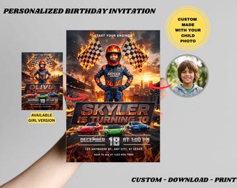 Personalized Hot Race Car Birthday Invitation with Photo : Custom Racing Party Invite (Digital Download)