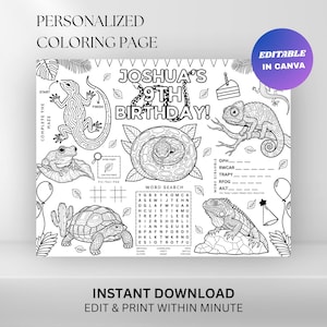 Op de afbeelding: Zwart-wit gepersonaliseerde kleurplaat met de tekst "JOSHUA'S 9TH BIRTHDAY!" met illustraties van reptielen, een doolhof, een woordzoeker en andere activiteiten. Bevat de tekst "EDITABLE IN CANVA" en "DIRECT DOWNLOADEN EDIT & PRINT WITHIN MINUTE".