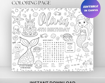 Editable Mermaid Birthday Coloring Placemat : Under the Sea Party Activity Sheet (Digital Download)