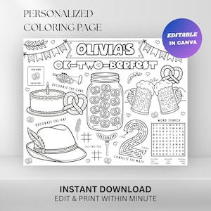 Peut inclure: Une page de coloriage personnalisée en noir et blanc avec le texte OLIVIA'S OK-TWO-BERFEST. Le design comprend un gâteau, un bocal de bretzels, deux chopes de bière, un chapeau, un labyrinthe en forme de chiffre deux et un jeu de mots mêlés.
