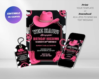Edytowalne różowe zaproszenie urodzinowe w stylu kowbojki: zaproszenie na imprezę w stylu glamour western (do pobrania cyfrowego)