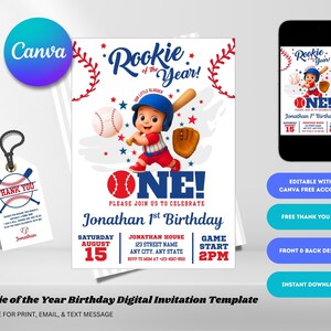 Editable Baseball First Birthday Invitation, 1st Birthday Invitation, Sport Birthday Invite, Rookie of the Year Invite, Baseball Birthday