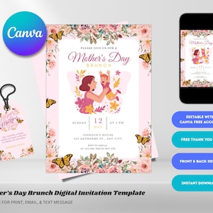 Mother&#39;s Day Brunch Invitation Template, Mothers Day Party Invite, Mother&#39;s Day Lunch Invite, Floral Mother&#39;s Day Invite Editable Canva