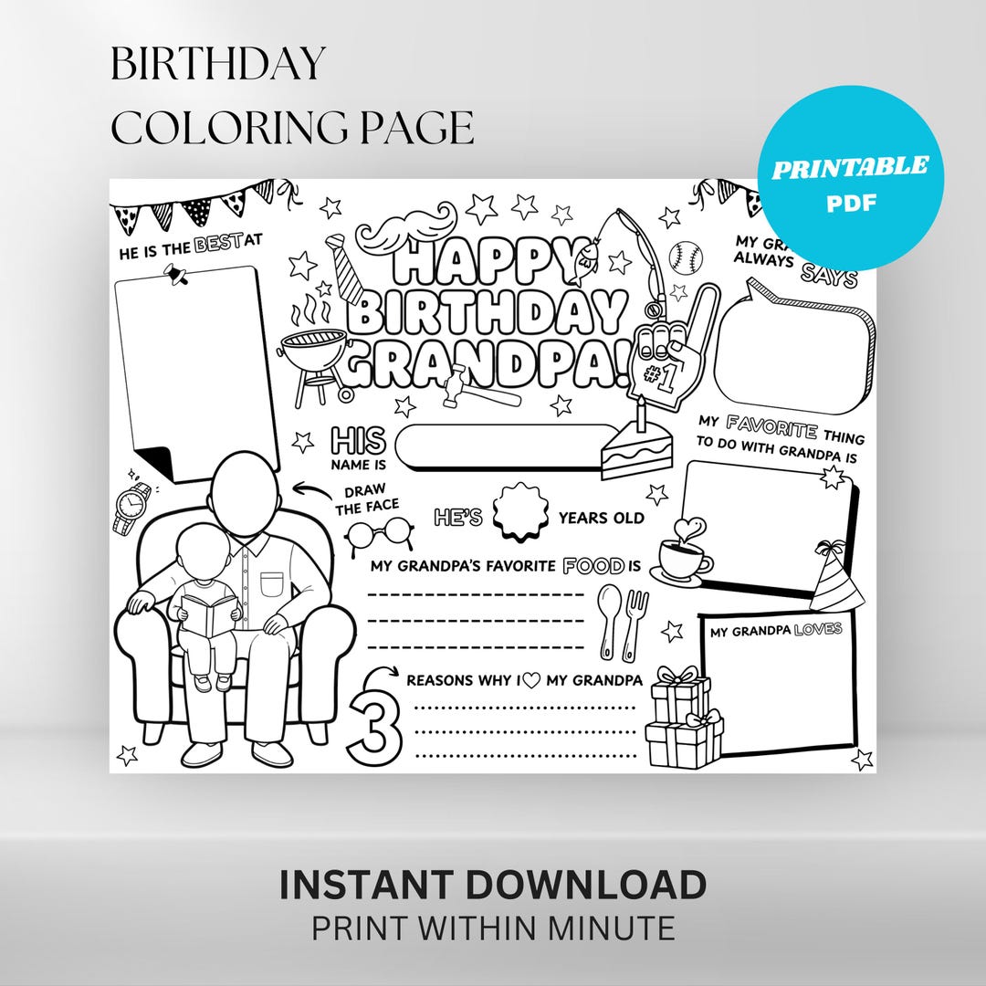 Printable Grandpa Birthday Coloring Page : Fill in Worksheet for Kids ...