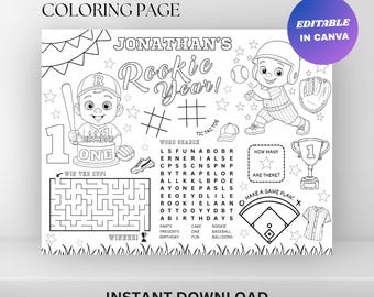 Editable Baseball 1st Birthday Coloring Placemat : Rookie of the Year Party Activity Sheet (Digital Download)