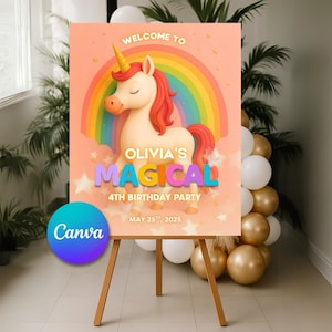Unicorn 4th Birthday Welcome Sign: Editable Magical Party Poster (Digital Download Canva Template)
