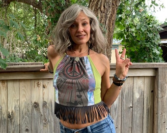 Eco Patchwork Chrissy Fringe  Halter Top, Size XS to a M, hippie cropped top, halter top, zen cropped top, summer halter top, Zasra