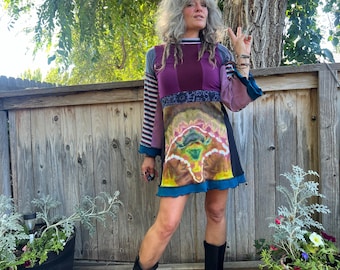 Eco Janis dress size XS/S upcycled tunic, hippy tunic, tie dye mini  dress, patchwork tunic, flow tunic, abstract tunic, funky tunic, Zasra