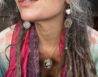 Artisan Gypsy earrings, mixed media earrings, folk earrings,  dangle earrings, abstract hoop clay and glass  earrings, funky earrings, Zasra