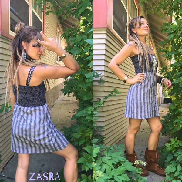 Eco DRESS,size S/M, upcycled clothing, tunic dress, hippie dress, festival dress, necktie dress, plaid jumper dress, mandala dress, Zasra