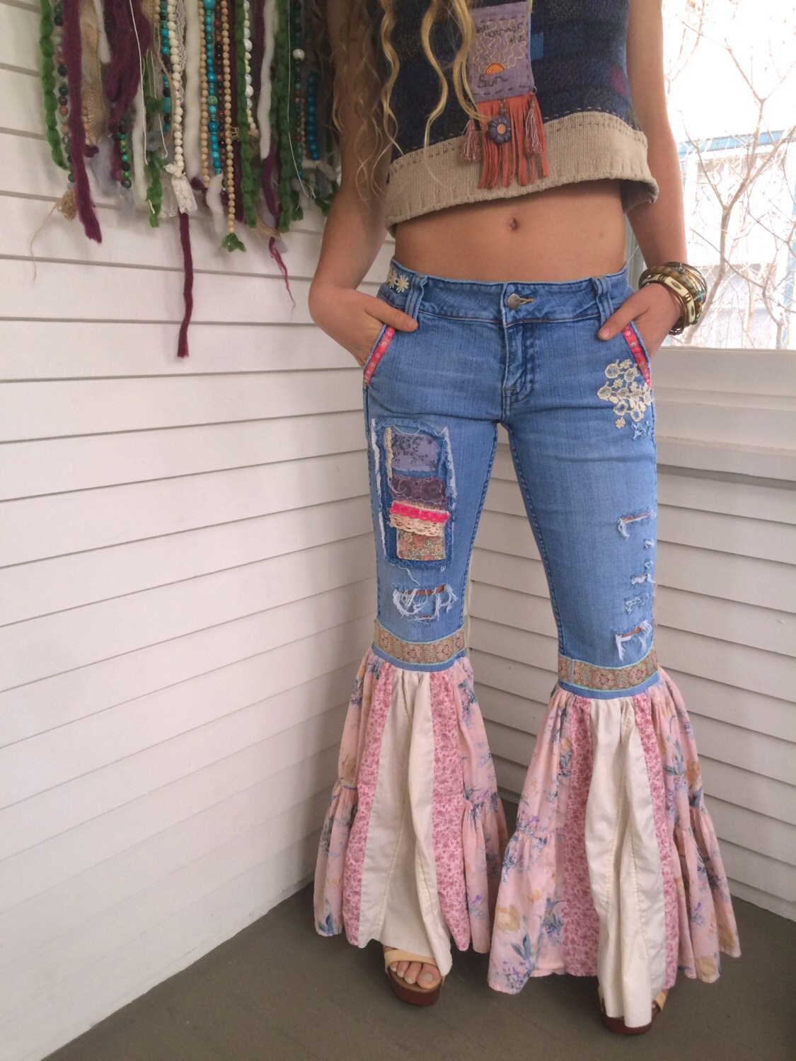 Flare bell Hippy jeans Size 9patchwork jeansboho jeans Etsy