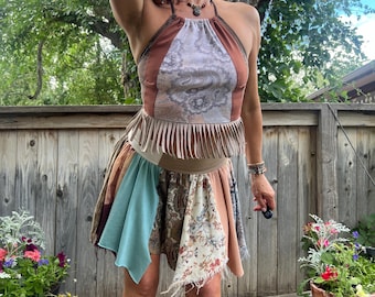 Eco Patchwork Chrissy Fringe  Halter Top, Size XS to a M, hippie cropped top, halter top, zen cropped top, summer halter top, Zasra