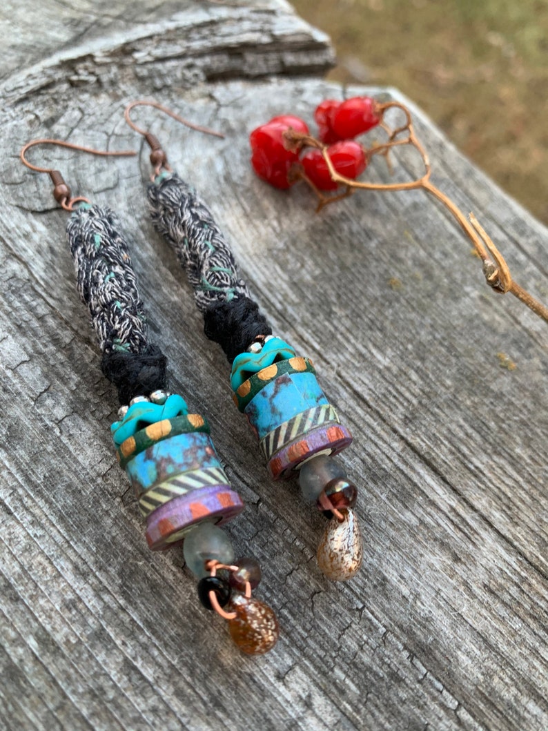 Mixed Media Wood Earrings Fiber Earrings Funky Earrings Etsy